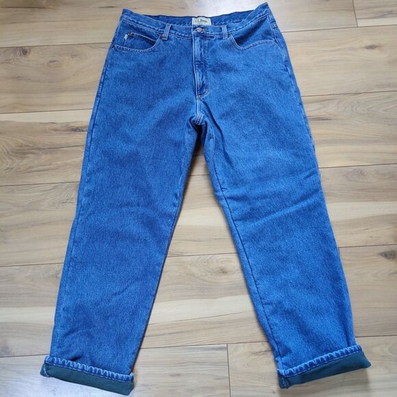 L.L. Bean Classic Fit Green Fleece Lined Mens Tag 35x29 (33X28) Blue Jeans Heavy - Picture 2 of 15